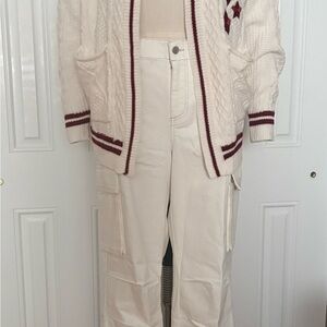 White Cable Knit Cardigan with Red Accents